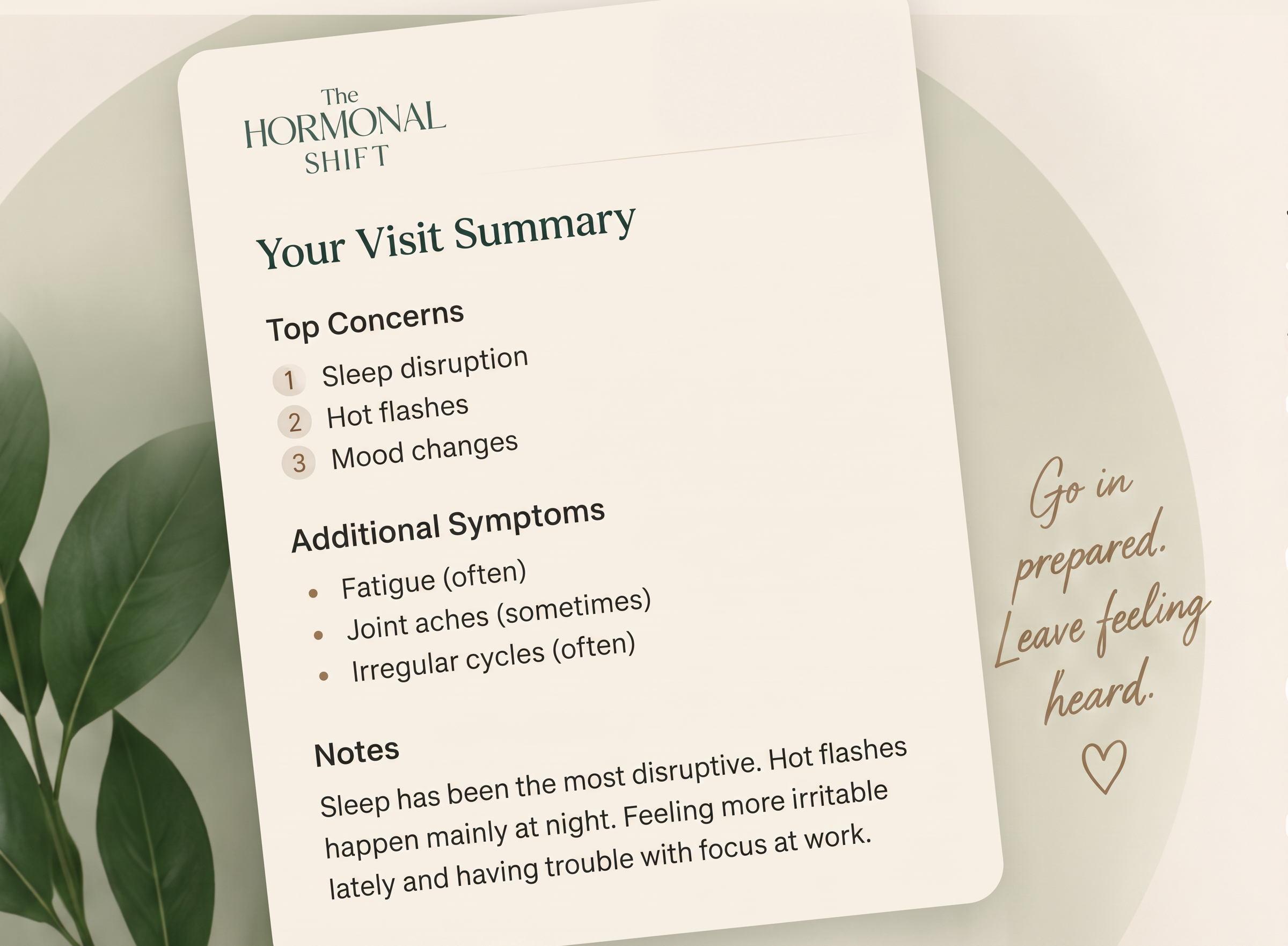 Printed visit summary listing top concerns, additional symptoms and personal notes